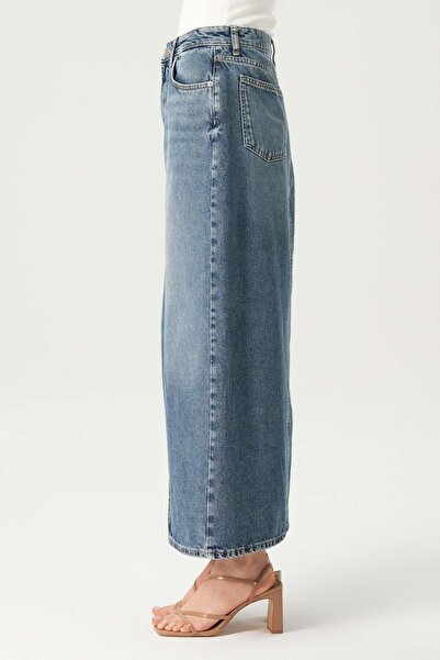 CROSS JEANS High Waist Zippered Medium Blue Maxi Jean Skirt - Slit C 4532-048