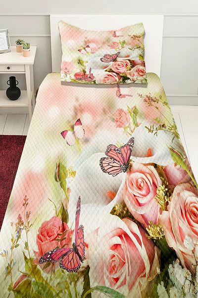 3D ELSE HALI Peöbe Single Decorative Bedspread - Floral Roses Patterned Printed Pique Set
