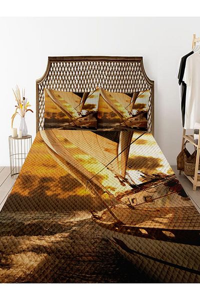 3D ELSE HALI Sea Yacht Double Decorative Bed Set - Patterned Printed and Padded Pike