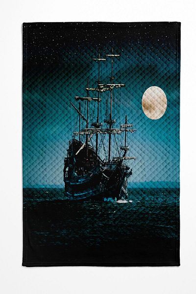 3D ELSE HALI Sea Ship Patterned Black Blue Bedspread - Double, Padded Pique Set
