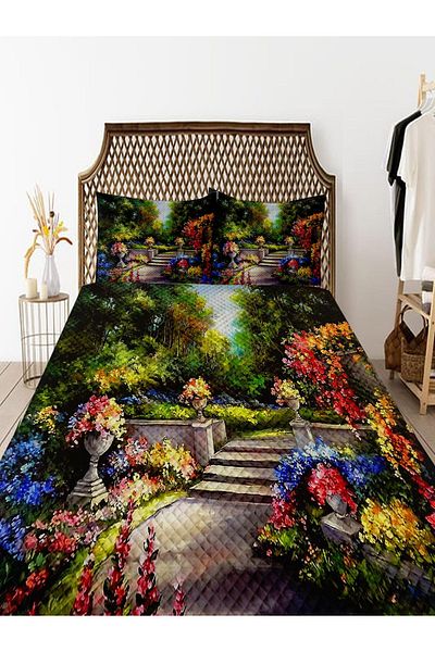 3D ELSE HALI Double Decorative Bedspread - Flower Garden Patterned Printed Pique Set
