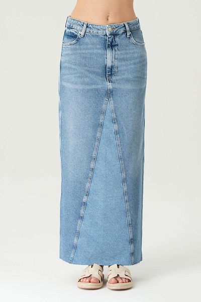 CROSS JEANS High Waist and Zipper Color Block Maxi Jean Skirt - Slit, Cut Hem C 4532-055