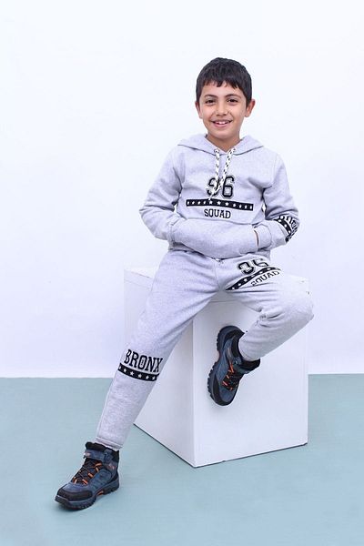 PANİO KİDS 96 Text Printed Kangaroo Pocket Hooded Boy's Bottom-Top Tracksuit Set