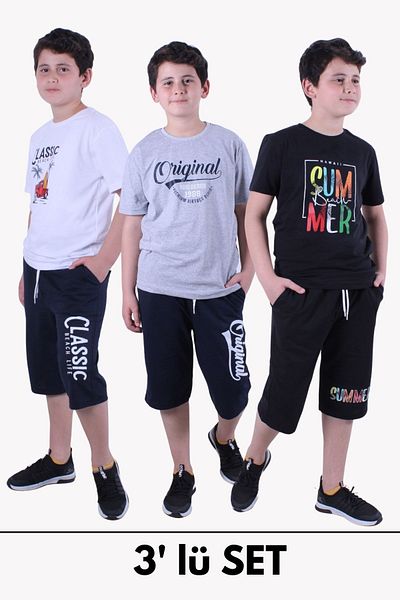 panios kids PANİOS KİDS 3-PACK BOY T-SHIRT-CAPRY PRINTED BOTTOM-TOP SET