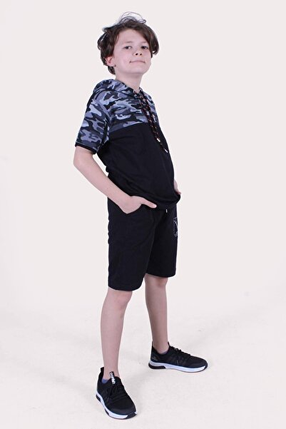 PANİO KİDS The Brand Fashion Text Printed Camouflage Pattern Boy's Bottom-Top Capri Suit