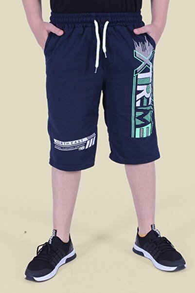PANİO KİDS Xtreme Text Printed Phosphor Color Detailed Double Pocket Boy's Dark Blue Capri