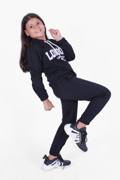 PANİO KİDS London Text Printed Girl's Hooded Μαύρη αθλητική φόρμα