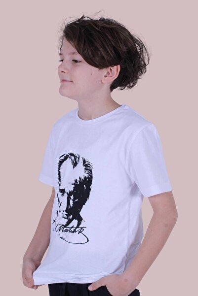 panios kids Atatürk Imzalı Ve Baskılı Unisex Çocuk Beyaz Tişört