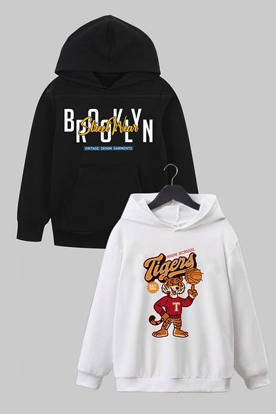 panios kids Hanorac cu glugă cu buzunar cangur pentru băiat cu imprimeu Brooklyn-tigers, 2 piese, alb-negru