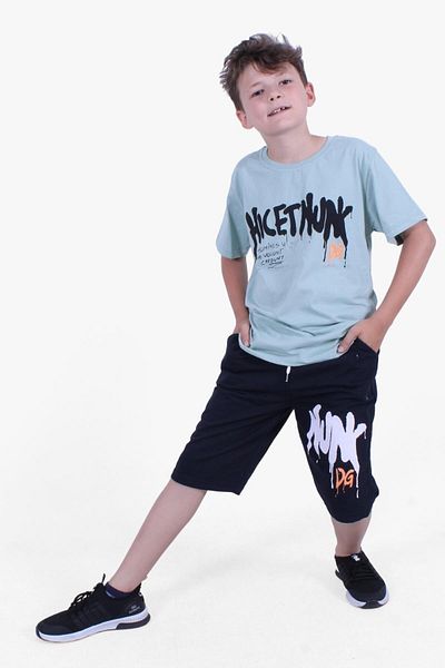 PANİO KİDS Hıcetnunk Text Printed Boy's Mint Πράσινο Καλοκαιρινό Σετ κάτω-κορυφή