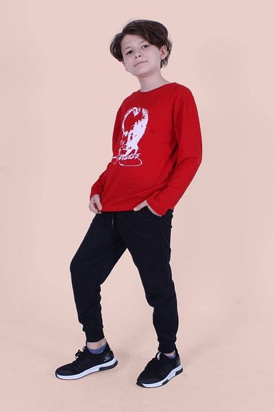 PANİO KİDS Ataturk and Signature Printed Moon Star Patterned Long Sleeve Unisex Red-White Suit