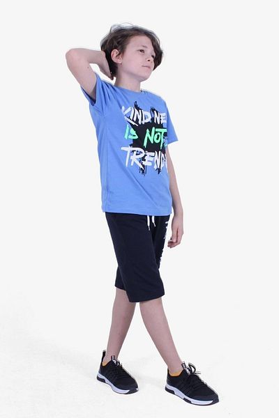PANİO KİDS Este Not Text Printed Blue Capris Boy's Bottom-Top Set