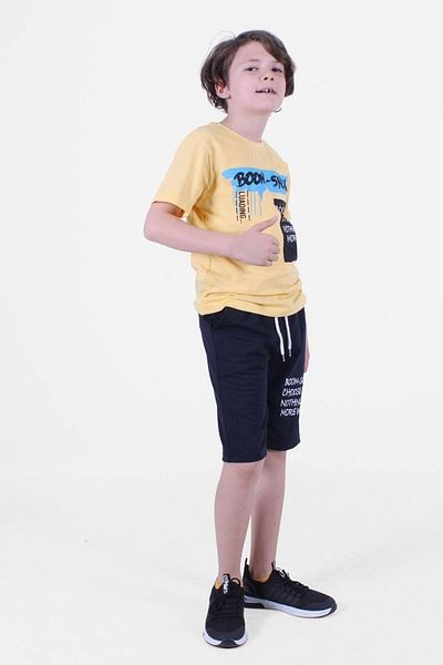 PANİO KİDS Boom Text Printed Capri Boy's Bottom-Top Yellow Set