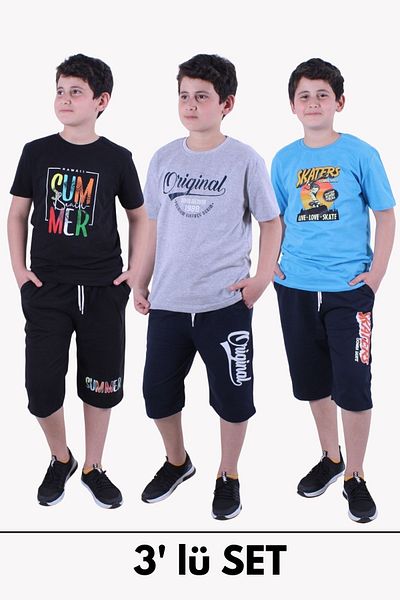 panios kids PANİOS KİDS 3-PACK BOY T-SHIRT-CAPRY PRINTED BOTTOM-TOP SET