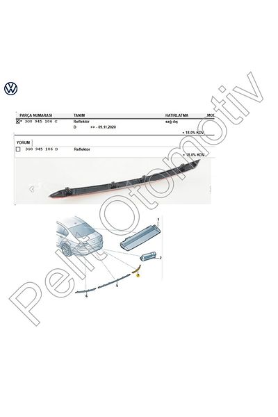 PELİTOTOMOTİV Passat B8 Bumper Right Reflector 3g0945106c 3g0945106d