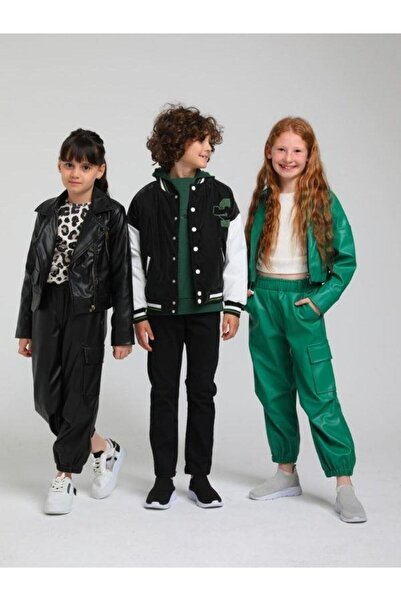 Escabel Pantaloni cargo din piele pentru fete cu talie elastică și detaliu de...