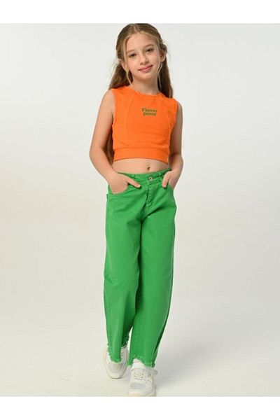 Çikoby Girl's High Waist Green Mom Jeans with Tassel Leg Detail