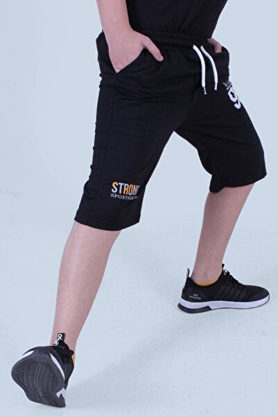 PANİO KİDS 95 Strong Baskı Detaylı Çift Cepli Erkek Çocuk Siyah Kapri Şort