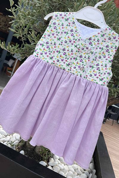 Bertuğ Bebek Pânză Şile din bumbac liliac - Rochie pentru fetiţă, cu model de flori