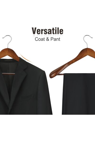 Askıcı Ahşap Askı Kalın Omuzlu  Takım Elbise Ceket Askısı Ceviz Renk 5 Adet Kaymaz Pantolon Çubuğu