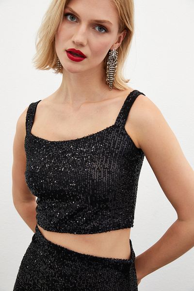 Sateen Bluză Crop cu paiete - Neagră
