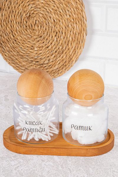 DNS HOME Σετ 2 Ξύλινο Σταντ Ξύλινο Μπαλάκι με Διαφανές Ετικέτα Βαμβάκι/Βαμβάκι Οργανωτικό Σετ Αποθήκευσης Δοχείο Γυαλί