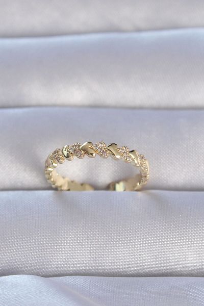 Moka Shopin Brass Gold Zircon Stone - Row Heart Model Adjustable Ring