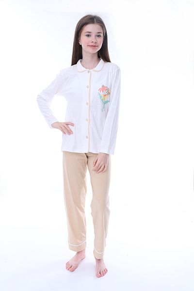 ZUZUNGA Ecru-Beige Floral Printed 100% Cotton Pajama Set for Girl