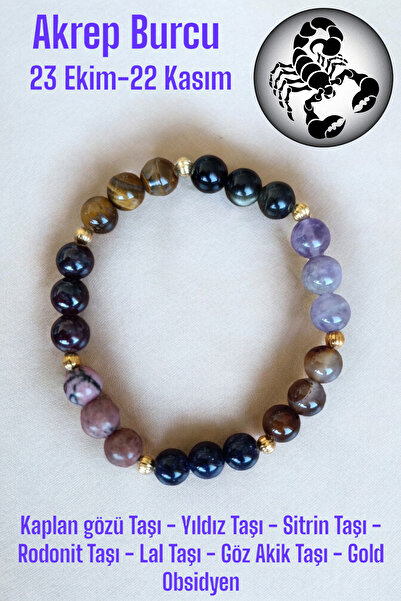 MGA DOĞAL TAŞ Akrep Burcu Bilekliği (Kaplan Gözü Taşı, Sitrin Taşı, Rodonit, Yıldız, Lal Taşı, Obsidyen, Akik Taş)