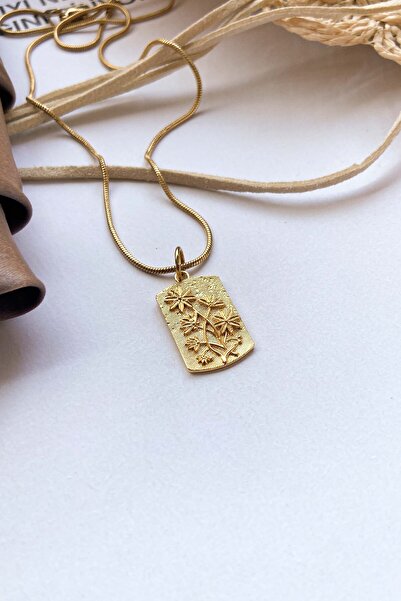 roshel Çelik Kolye Madalyon Çiçek Kabartmalı Kolye