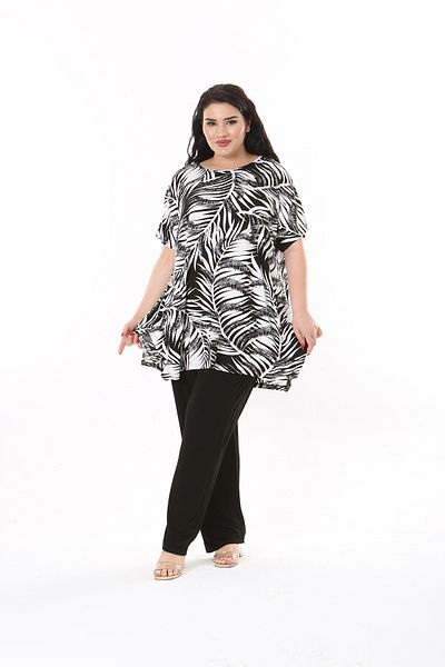 XL Modam Plus Size White Black Patterned Lycra Viscose Tunic and Trousers Set