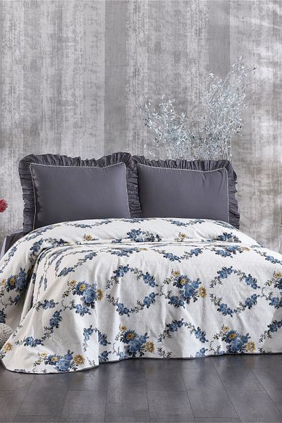 Minelya Home Collection Double Floral Pique Set - 100% Cotton, Frilly and Floral Patterned Elastic 4 Piece Set