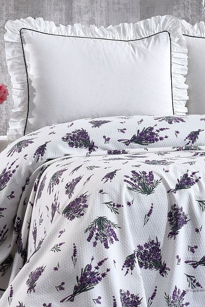 Minelya Home Collection Double 100% Cotton Frilly and Lavender Patterned Pique Set - 4 Pieces with Elastics