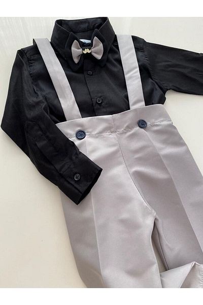 tubibebe Gray Satin Salopet - Excluded Shirt, Bow Tie