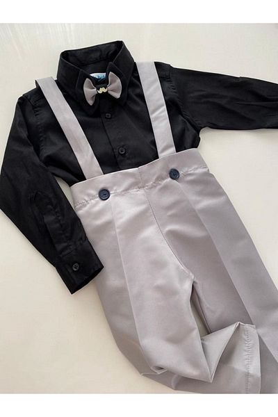 tubibebe Gray Satin Salopet - Excluded Shirt, Bow Tie