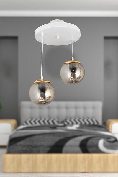 SONSUZ AYDINLATMA&AVİZE 2-Piece Smoked White Pendant Tray - Glass Globe Ball and Flat Down Facing Luxury Chandelier