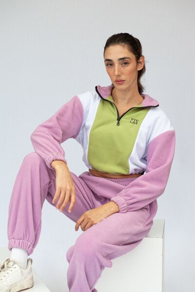 Vatkalimon Light Green White Lilac Half Zip Crop Fleece