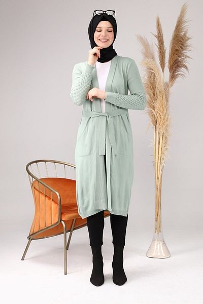 Ferace Women's Large Size Long Cardigan Long Knitwear with Kusakli Water Green