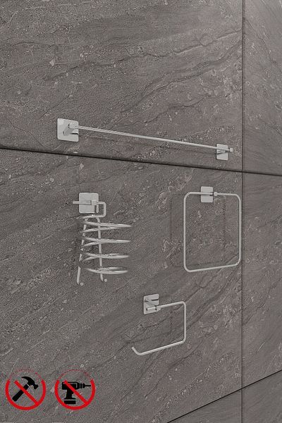 Alper Banyo Σετ μπάνιου Scilla Square Chrome 4 τεμαχίων με αυτοκόλλητο |   Μακρύς τετράγωνος θήκη για πετσέτες, θήκη χαρτιού, τετράγωνη κρεμάστρα για πιστολάκι