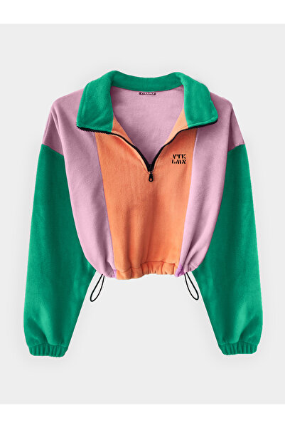 Vatkalimon Salmon Lilac Green Half Zip Crop Fleece