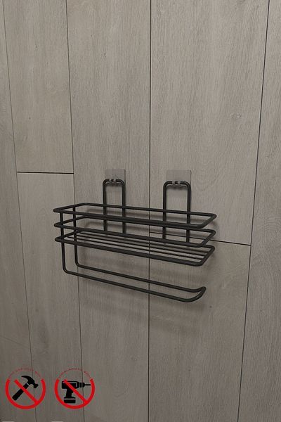 Alper Banyo Paper Roll Towel Holder with Adhesive Shelf Napkin Holder Black Bathroom Kitchen Organizer Shelf