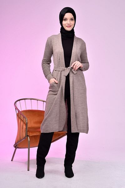 Ferace Hijab Cardigan Long Knitwear Γυναικεία λαιμόκοψη V-λαιμόκοψη καφέ
