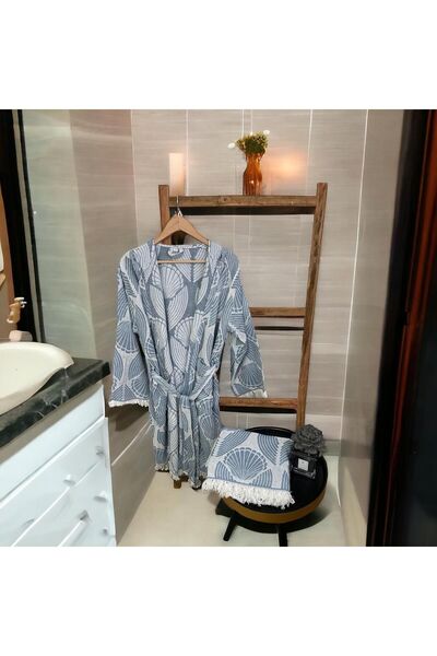 fildastore Midye Desen Premium Kalite,Kapüşonlu Bambu Peştemal Bornoz, Sabakl...