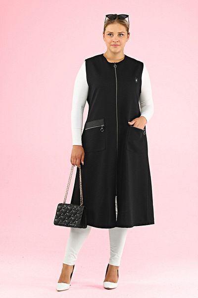 Ferace Women's Long Sleeveless Zippered Vest with Leather Pockets Ottoman Black