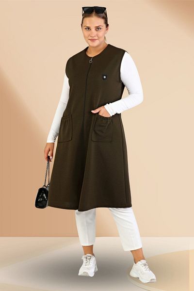Ferace Women's Large Size Vest Ottoman Steel Knitted Viscose Vest Khaki