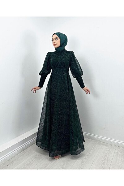 MERVEPLUME Tesettür Tül Abiye Elbise Jakarlı Simli Dokuma Kumaş Moda Düğün Şı...