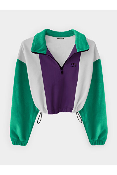 Vatkalimon Purple White Green Half Zip Crop Fleece