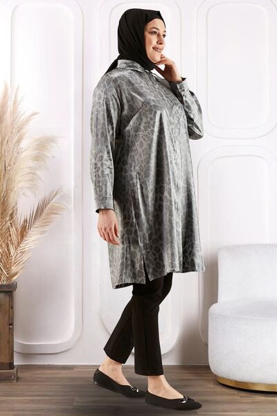 Ferace Women's Hijab Plus Size Leropard Patterned Long Shirt Tunic