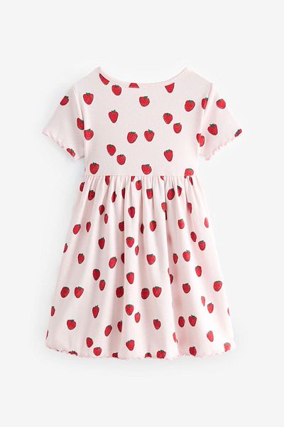 Next Baby Pink Strawberry Pattern - 100% βαμβακερό κοντομάνικο ριμπ φόρεμα