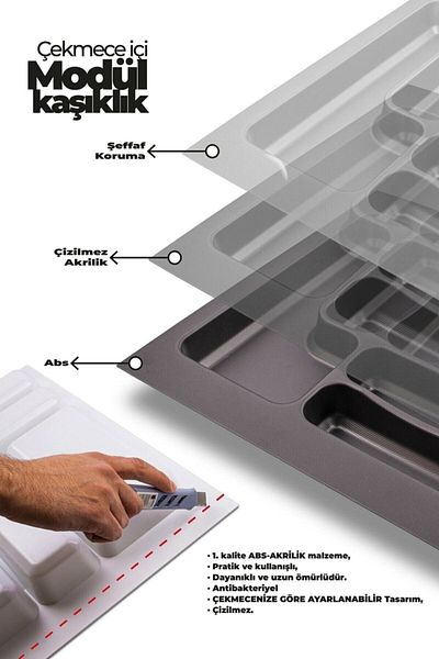 Tempo Γκρι συρτάρι 66x49 cm - Organizer μαχαιροπήρουνων, δυνατότητα κοπής 60/40